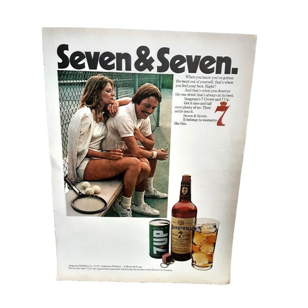 1973 Seagrams Seven Crown 7 Up Soda Tennis Theme Original Print Ad 70s